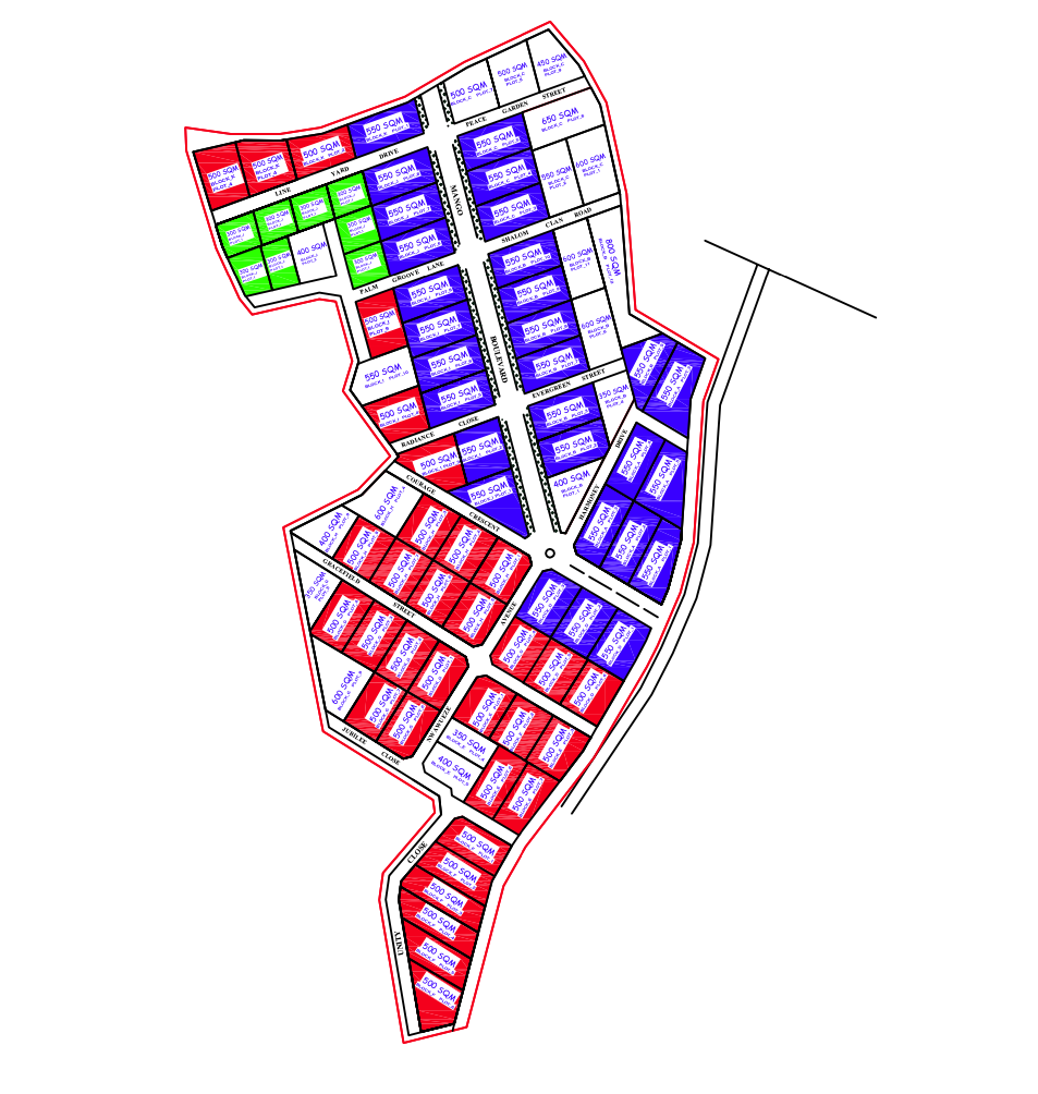 A mapped, numbered estate layout of Adùn City